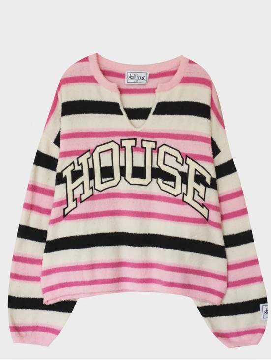 skull house Sweaters - Skull House Pink Striped V-Neck 'HOUSE' Graphic Sweater
